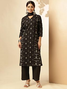 Vbuyz - Womens Printed Straight Cotton Black Kurta with Pant and Dupatta (Set of 3)