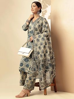Vbuyz - Womens Floral Printed Straight Cotton Kurta with Palazzo and Dupatta (Set of 3)