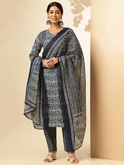 Vbuyz - Womens Blue Print Straight Cotton Blue Kurta with Pant and Dupatta (Set of 3)