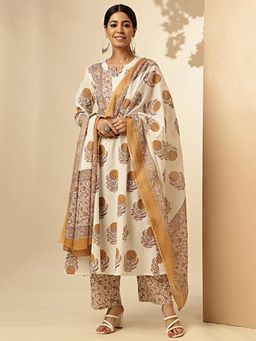Vbuyz - Womens Floral Lace Work Cotton Brown Kurta with Palazzo and Dupatta (Set of 3)