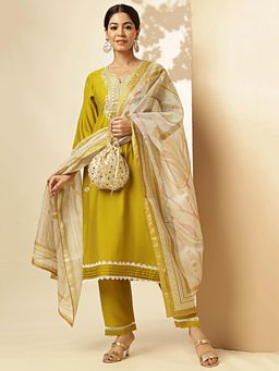 Vbuyz - Womens Sequence Embroidered Lace Silk Mustard Kurta with Pant and Dupatta (Set of 3)