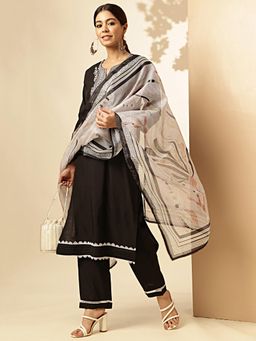 Vbuyz - Womens Sequence Embroidered Lace Silk Black Kurta with Pant and Dupatta (Set of 3)