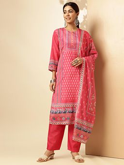 Vbuyz - Womens Geometric Print Sequence Chinon Dark Pink Kurta with Pant and Dupatta (Set of 3)
