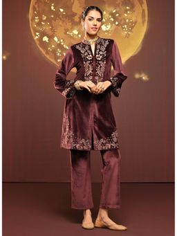 Lakshita - Dull Maroon Embroidered Velvet Kurta with Pant (Set of 2)