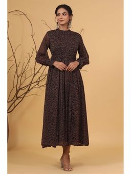 Juniper - Black Floral Printed Chiffon Flared Maxi Dress with Buttons.