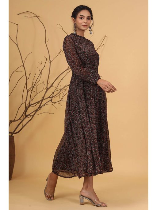 Buy Juniper Black Floral Printed Chiffon Flared Maxi Dress with Buttons.  Online