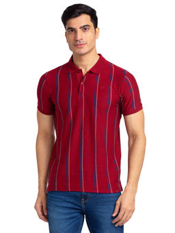 Raymond - Regular Fit Stripe Maroon Polo T-Shirt