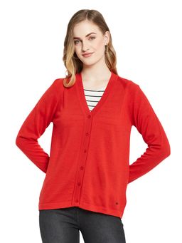 Monte Carlo - Womens Pure Wool Red Solid V Neck Cardigan