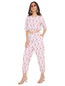 PS Pret by Payal Singhal - Pink Butterfly Print Art Crepe Top with Jogger Pant (Set of 2)
