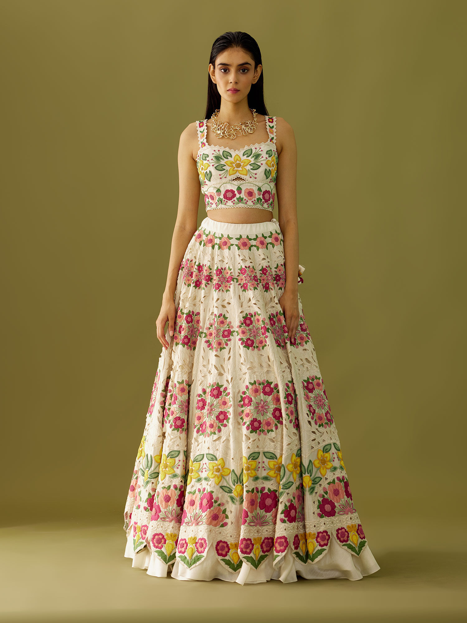 chandrima Ivory Embroidered and Applique Skirt-picture-42