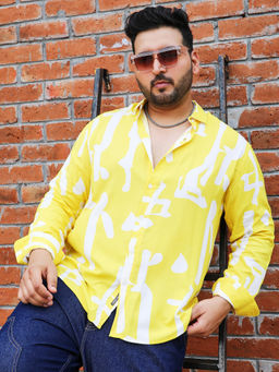 Instafab Plus - Mens Lemon Yellow Abstract Print Shirt