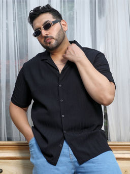 Instafab Plus - Mens Charcoal Black Self-Design Striped Shirt