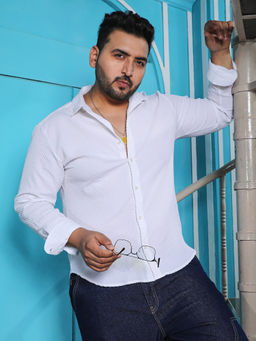 Instafab Plus - Mens Chalk White Embossed Micro Check Shirt