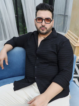 Instafab Plus - Mens Midnight Black Embossed Graph Check Shirt