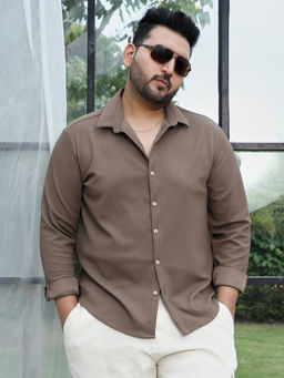 Instafab Plus - Mens Tan Brown Self-Design-Creased Shirt