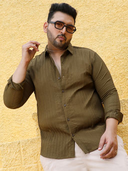 Instafab Plus - Mens Olive Green Self-Design Striped Shirt
