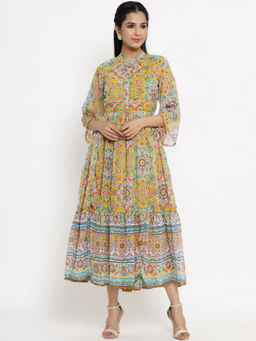 Juniper - Black Geometric Printed Chiffon Flared Maxi Dress with Buttons.