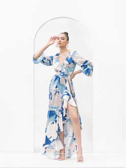 MANDIRA WIRK - Mystic Blue Texture Dress with Asymmetric Hemline