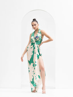 MANDIRA WIRK - Ystic Green Placement Draped Halter Neck Dress Made with Lustrous Satin