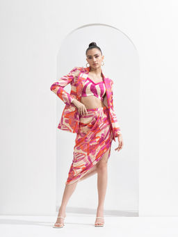 MANDIRA WIRK - Fuchsia Abstract Blazer & Fuchsia Waves Bustier with Draped Skirt (Set of 3)