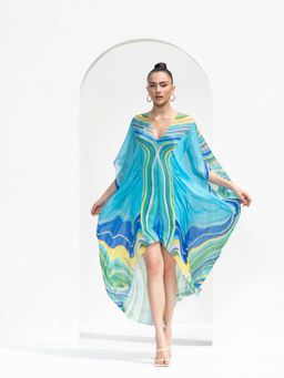 MANDIRA WIRK - Blue Marble Placement Chiffon Kaftan Dress Designed with High Low Hem