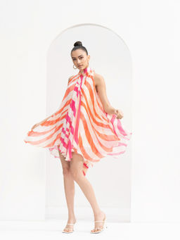 MANDIRA WIRK - Fuchsia Coral Waves Print Blocked Short Dress Ruffled Detailed On Neckline