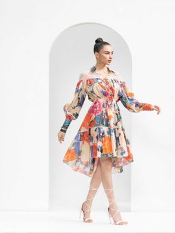 MANDIRA WIRK - Ivory Garden Lurex Cotton Short Dress with Cutwork Chantley Detailing