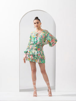 MANDIRA WIRK - Mint & Pink Abstract Top & Skirt with Cutwork Chantley Detailing (Set of 2)