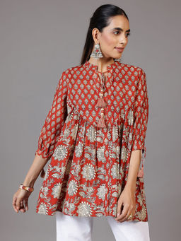 Libas - Rust Floral Printed Kurti with Tassels On Sleeves