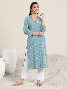 Libas - Blue Floral Printed Straight Kurta with Pocket