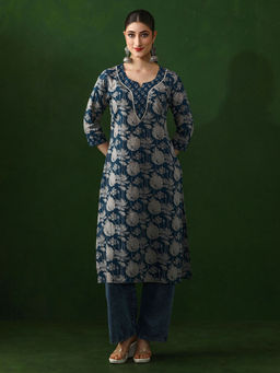 Jaipur Kurti - Navy Blue Floral Straight Pure Cotton Kurta