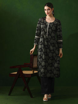 Jaipur Kurti - Black Floral Straight Pure Cotton Kurta