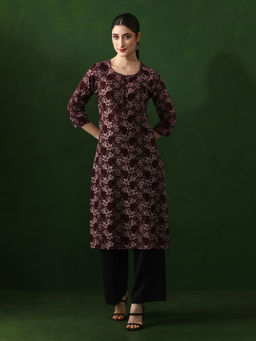 Jaipur Kurti - Maroon Floral Printed Straight Pure Cotton Kurta