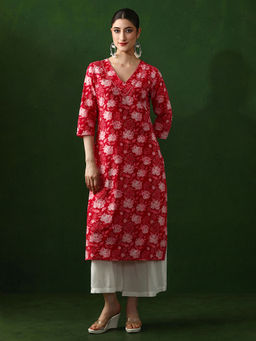 Jaipur Kurti - Red Floral Printed Straight Pure Cotton Kurta