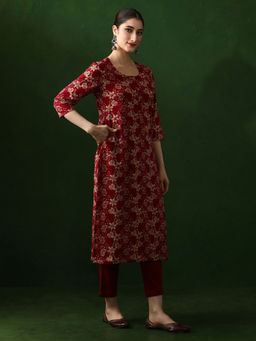 Jaipur Kurti - Red Floral Printed Straight Pure Cotton Kurta