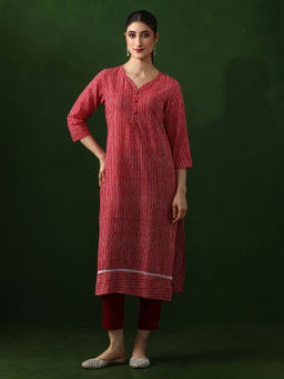 Jaipur Kurti - Red Striped Straight Pure Cotton Kurta