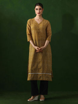 Jaipur Kurti - Green Striped Straight Pure Cotton Kurta