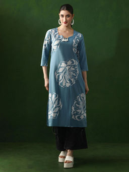 Jaipur Kurti - Blue Floral Straight Pure Cotton Kurta