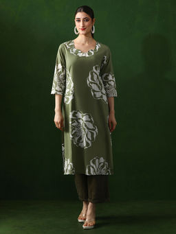 Jaipur Kurti - Green Floral Straight Pure Cotton Kurta