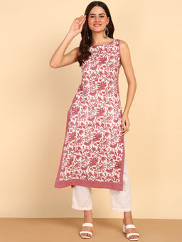 Maaesa - Pink Women Cotton Straight Printed Sleeveless Kurta