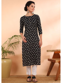 Maaesa - Black Women Floral Printed Pure Cotton Straight Kurta
