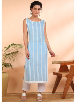 Maaesa - Blue Women Casual Rayon Printed Sleeveless Straight Kurta