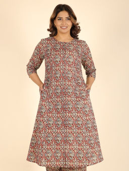 ARAMYA - Red Soft Cotton A-Line Kalamkari Print Kurta for Women
