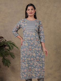 ARAMYA - Grey Soft Cotton Straight Floral Print Kurta for Women