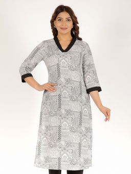 ARAMYA - Black Soft Cotton Straight Print Kurta for Women