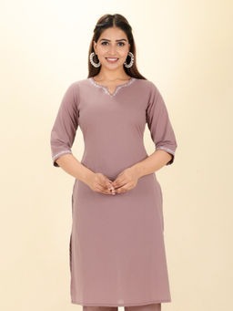 ARAMYA - Mauve Soft Cotton Straight Solid Kurta for Women