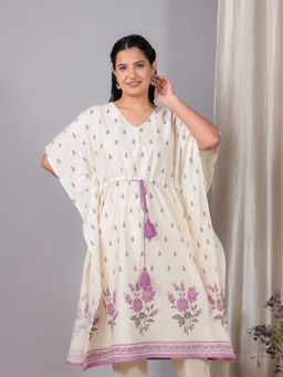 ARAMYA - Off White Linen Cotton Placement Print Kaftan Kurta for Women