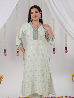 ARAMYA - Off White Romen Silk Straight Print Kurta for Women