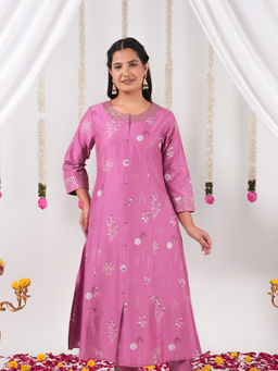 ARAMYA - Pink Romen Silk A-Line Floral Print Kurta for Women