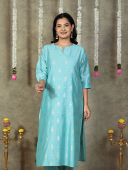 ARAMYA - Blue Romen Silk Straight Gold Foil Print Kurta for Women
